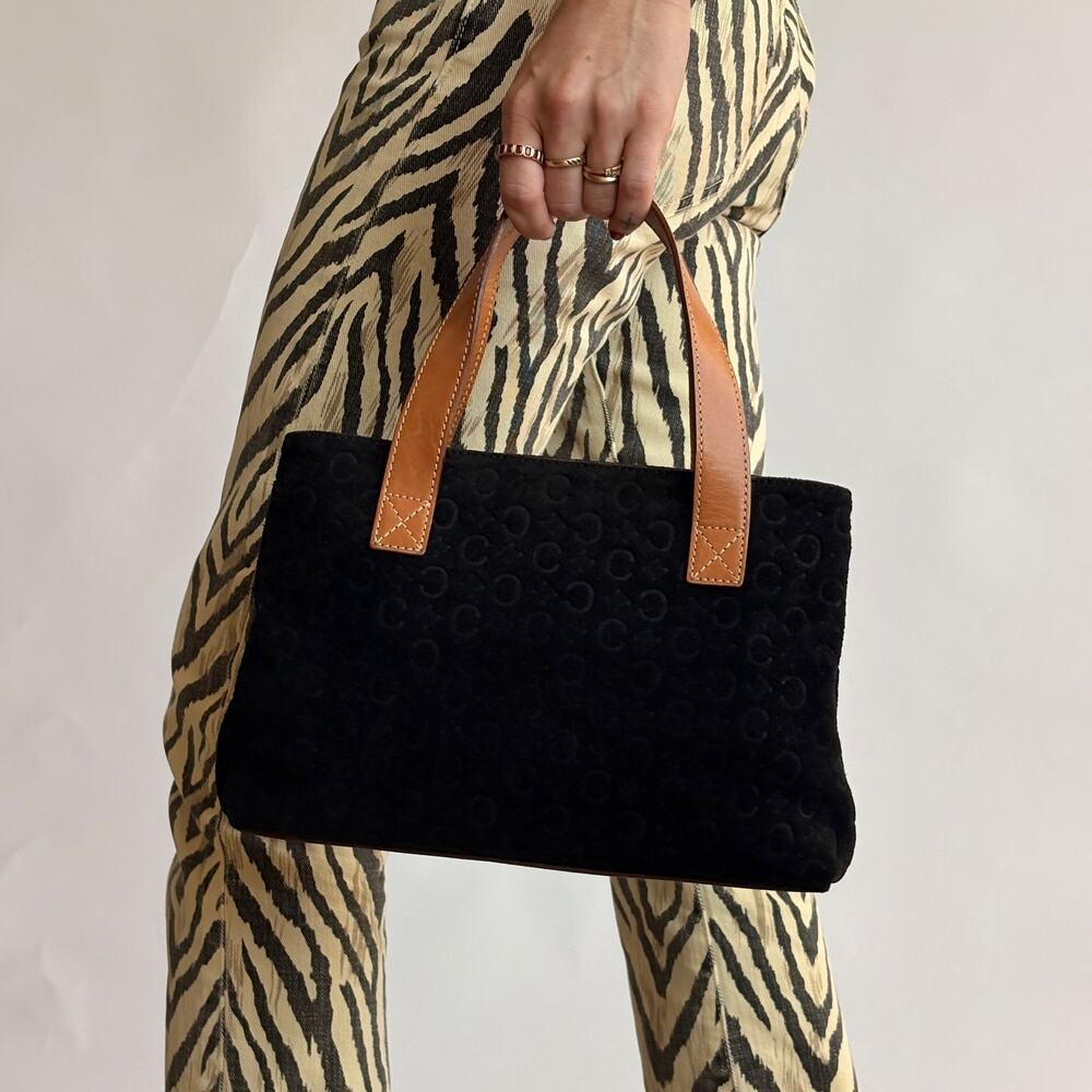 Celine C Macadam Tote Bag - 90's - Black Suede, Tan Leather Handles